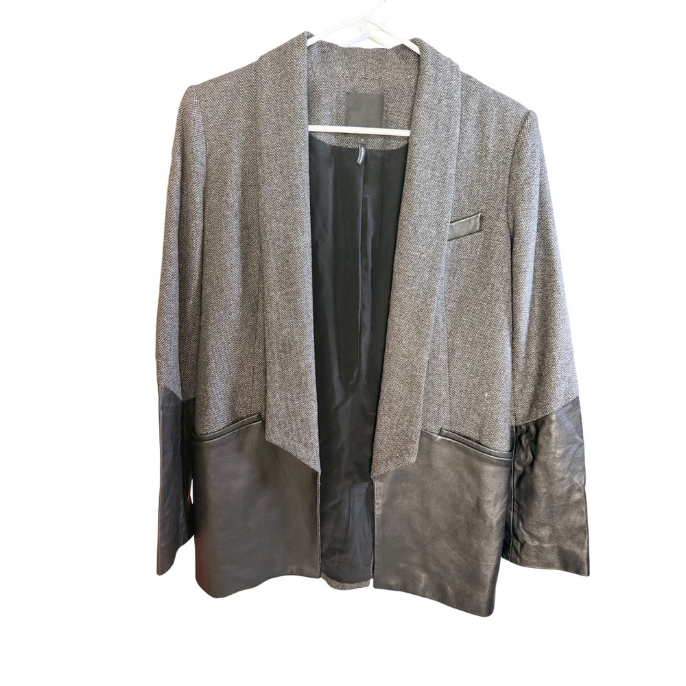 Marissa Webb Blazer Size S Grey Herringbone Leather Trim Wool Silk Lining